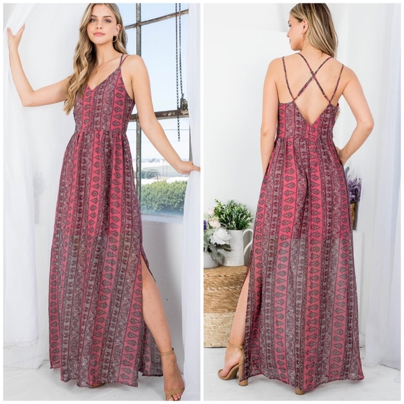 Doe & Rae Dresses & Skirts - DOE & RAE Boho Chic Pink Cross Back Maxi Dress
